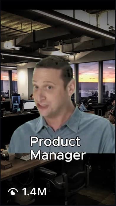 BloomTech post: a labeled Product Manager still from a developer-humor video, with 1.4 million views.