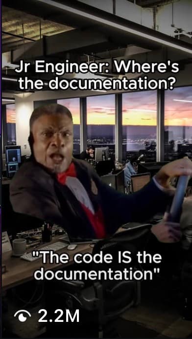 BloomTech post: a meme of a manager answering a junior engineer that the code is the documentation, with 2.2 million views.